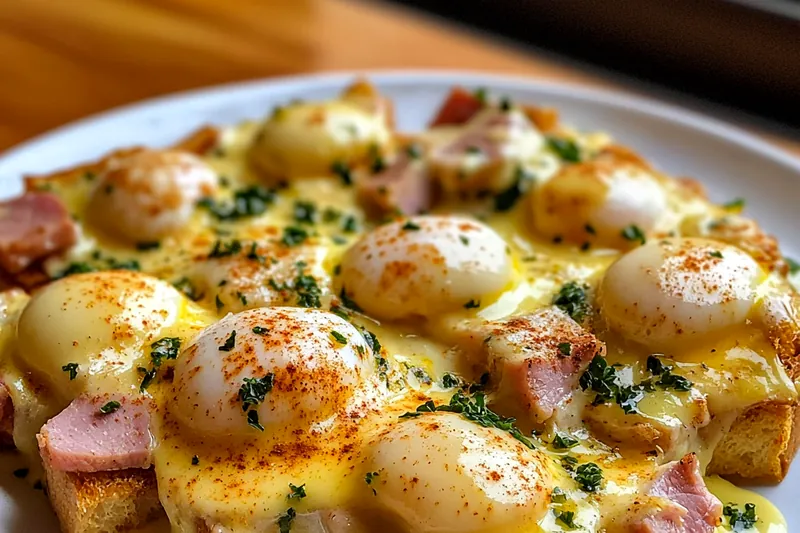 A vibrant display of ingredients for Delicious Eggs Benedict Bake, including eggs, Canadian bacon, and English muffins.