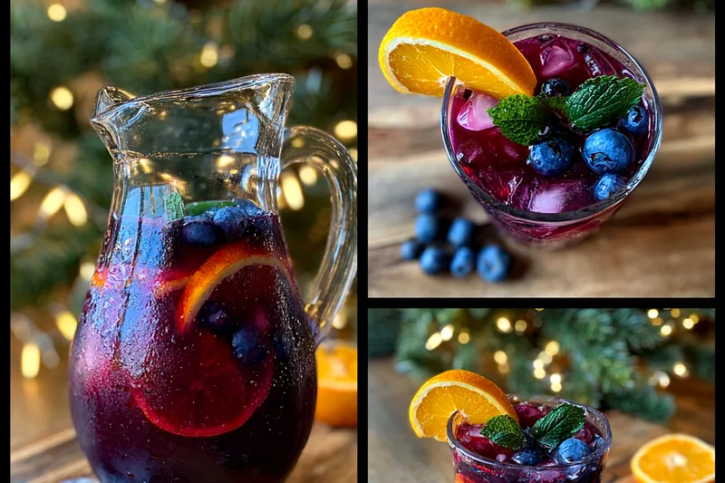 Step-by-step preparation of Festive Blueberry Sangria showing fresh ingredients being mixed in a pitcher.
