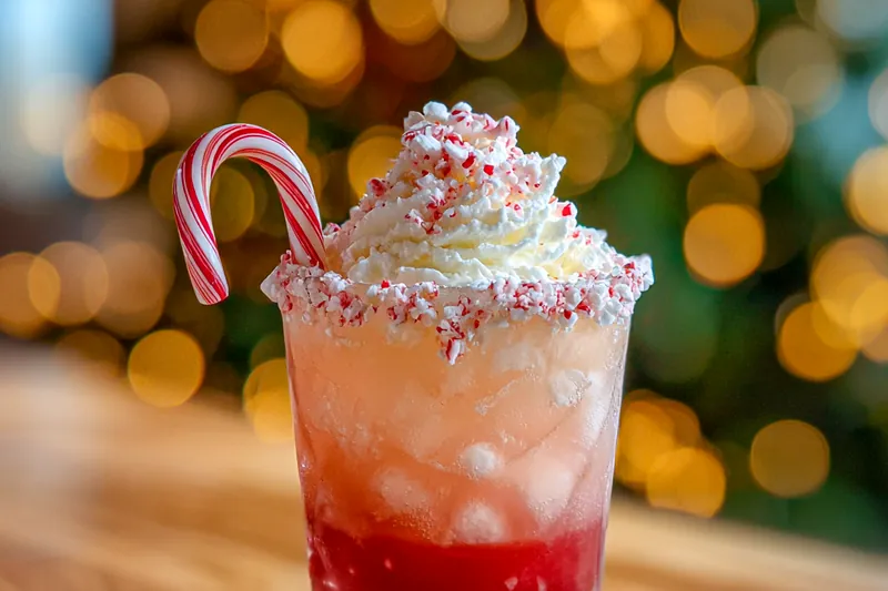 A step-by-step collage showing the preparation of the Festive Candy Cane Cocktail.