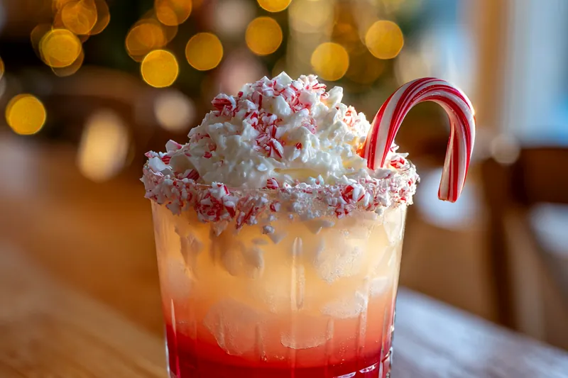 A vibrant display of ingredients for the Festive Candy Cane Cocktail including vodka, peppermint schnapps, and cranberry juice.