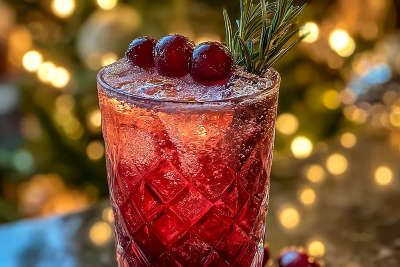 A colorful display of ingredients for the Festive Cherry Fizz Mocktail including cherry juice and fresh fruits.