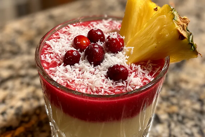 A close-up of the mixing process for Festive Coconut Cranberry Drink with vibrant ingredients.