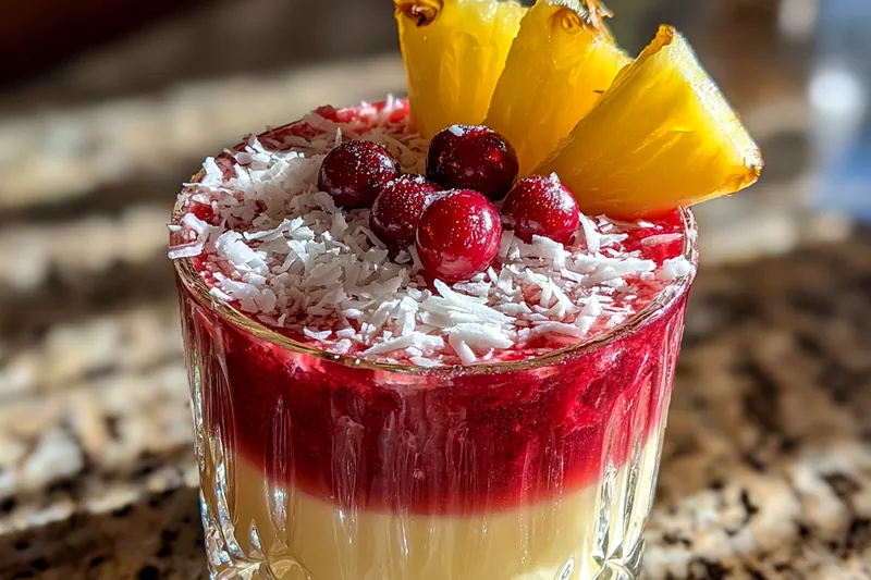 Ingredients for Festive Coconut Cranberry Drink displayed beautifully on a wooden table.