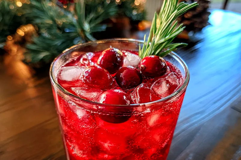 Pouring the freshly prepared Festive Cranberry Cocktail into glasses filled with ice.