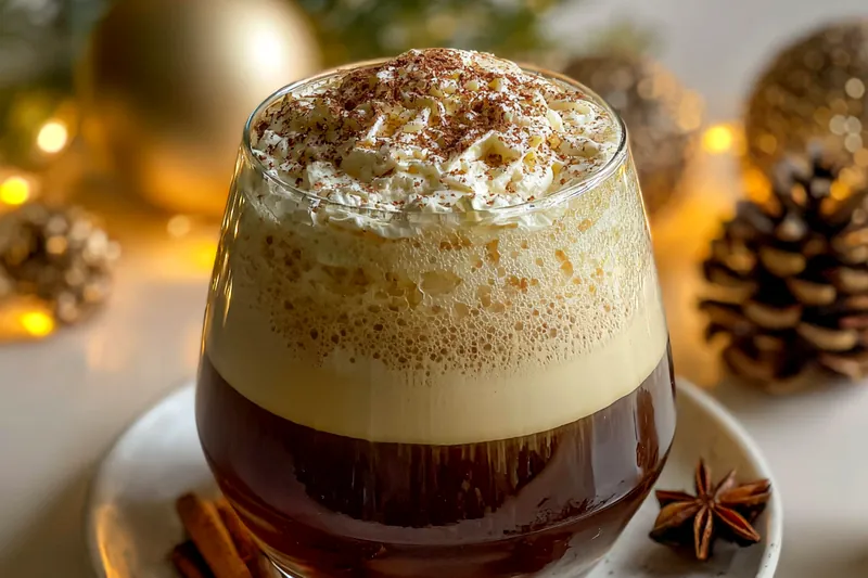 A beautiful display of ingredients for Festive Eggnog Cocktail, including milk, cream, eggs, sugar, and spices.