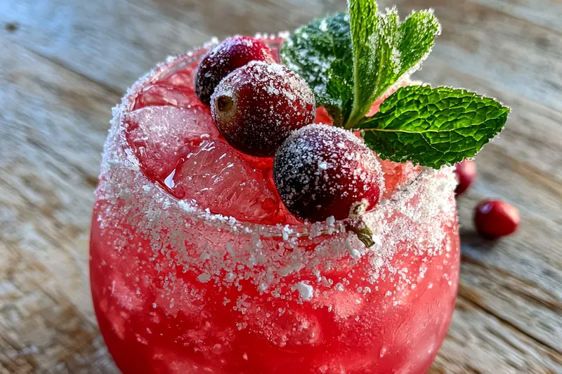 Fresh ingredients for Festive Mistletoe Cocktail including cranberries and mint.