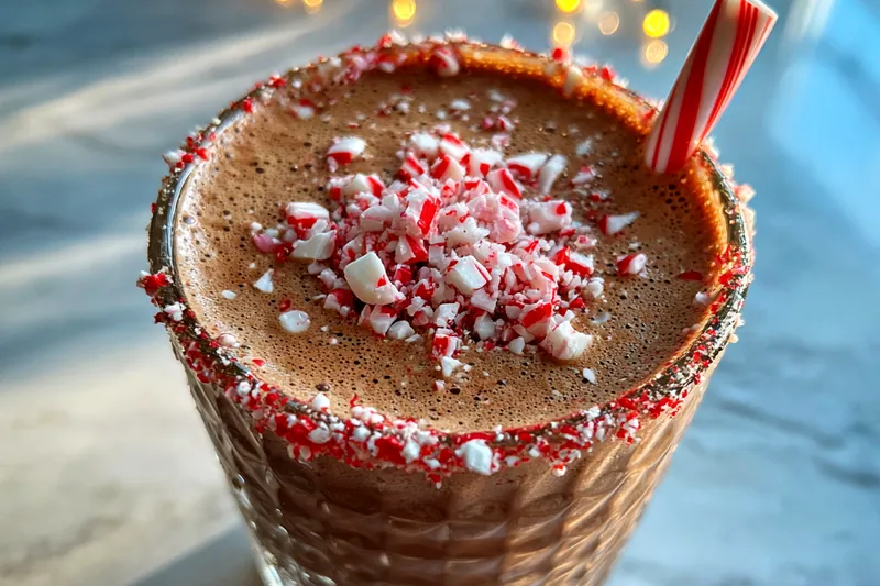 Action shot of mixing ingredients for the Festive Naughty Elf Cocktail in a shaker.