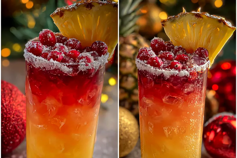 A refreshing glass of Festive Pineapple Cranberry Beverage served with ice and garnished.