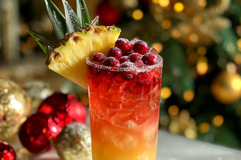 An arranged display of fresh cranberries, pineapple juice, lime, and mint leaves.