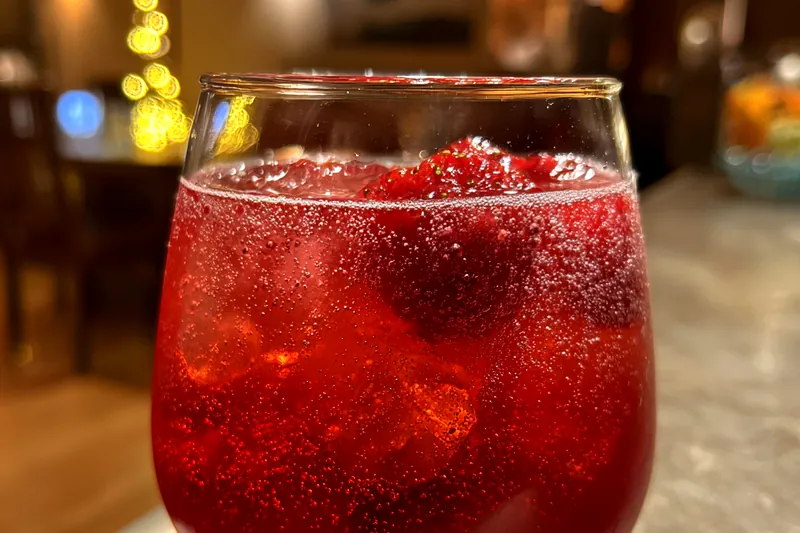 Pouring the fresh ingredients of strawberry champagne punch into a pitcher, ready to mix.