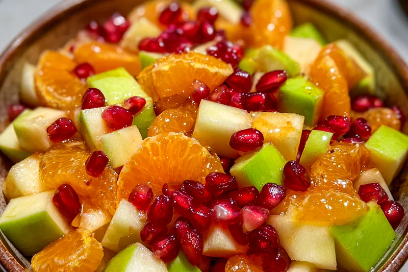 A vibrant display of colorful fruits including pomegranate, pineapple, strawberries, and kiwi, ready for the medley.