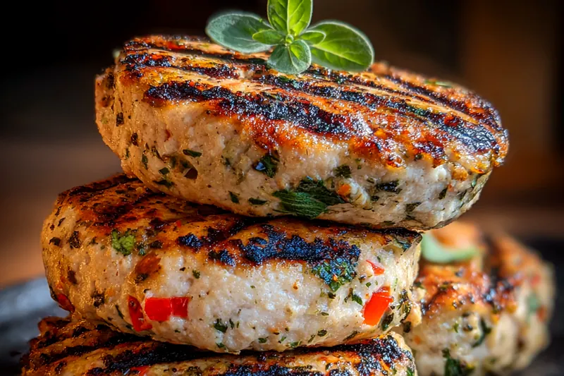 An organized display of fresh ingredients for Flavorful Greek Chicken Burgers including ground chicken, herbs, and spices.