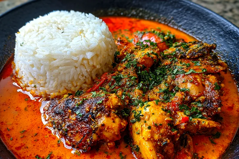 A colorful display of fresh ingredients for Flavorful Nigerian Chicken Delight including chicken, spices, and vegetables.