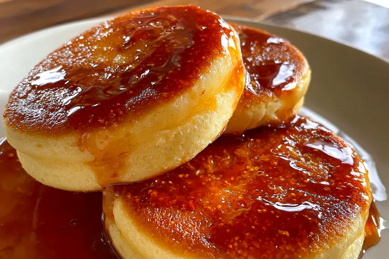 Japanese soufflé pancakes cooking in a covered non-stick pan with visible steam, showing the tall, jiggly structure