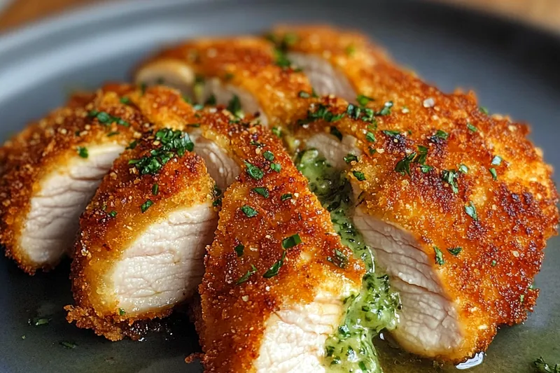 The cooking process of Herb-Infused Chicken Kiev Delight, showcasing frying in a skillet.
