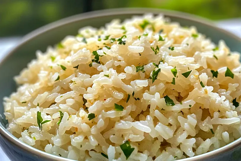 A variety of fresh ingredients for making Flavorful Garlic Butter Rice, including garlic, butter, and rice.