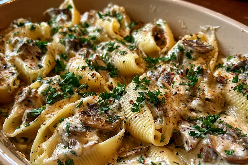 A beautifully arranged display of fresh ingredients for Garlic Mushroom Pasta Delight.
