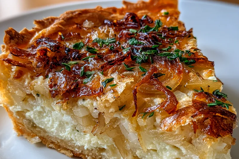 A selection of fresh ingredients for Savory German Onion Pie including onions, eggs, and cheese displayed on a wooden kitchen table.