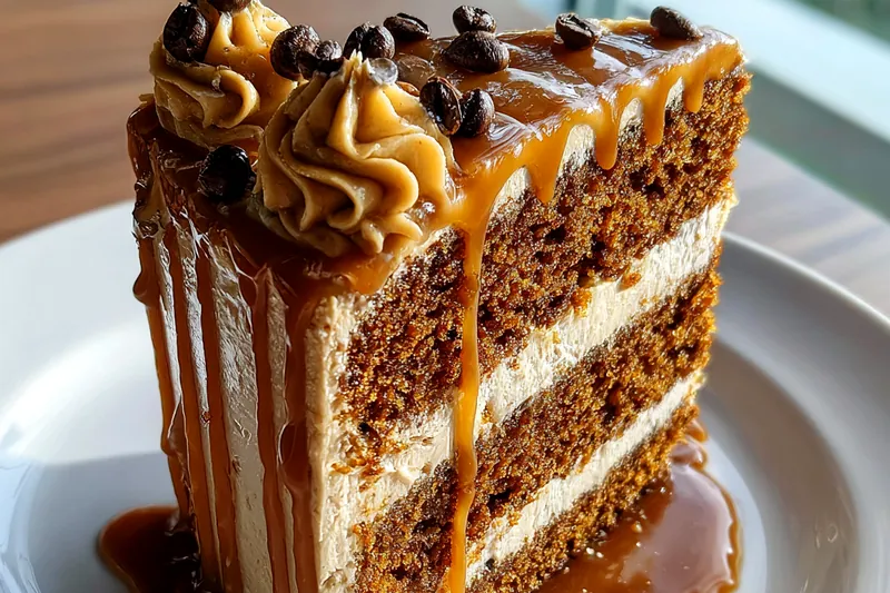 Close-up of ingredients for Decadent Coffee Caramel Cake, including flour, cocoa powder, and caramel sauce.