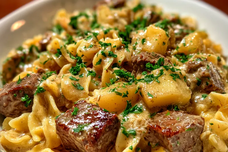 Step-by-step cooking process of Creamy Beef Stroganoff Delight in a skillet, showcasing the ingredients coming together.