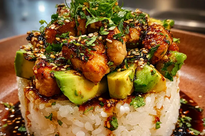 Fresh ingredients for Grilled Chicken Avocado Rice Stack