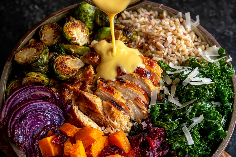 Fresh ingredients for Grilled Chicken Harvest Bowl