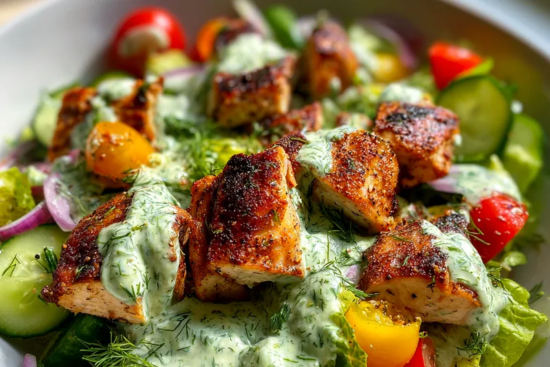 A vibrant display of ingredients for Grilled Chicken Tzatziki Salad including chicken, vegetables, and tzatziki sauce.