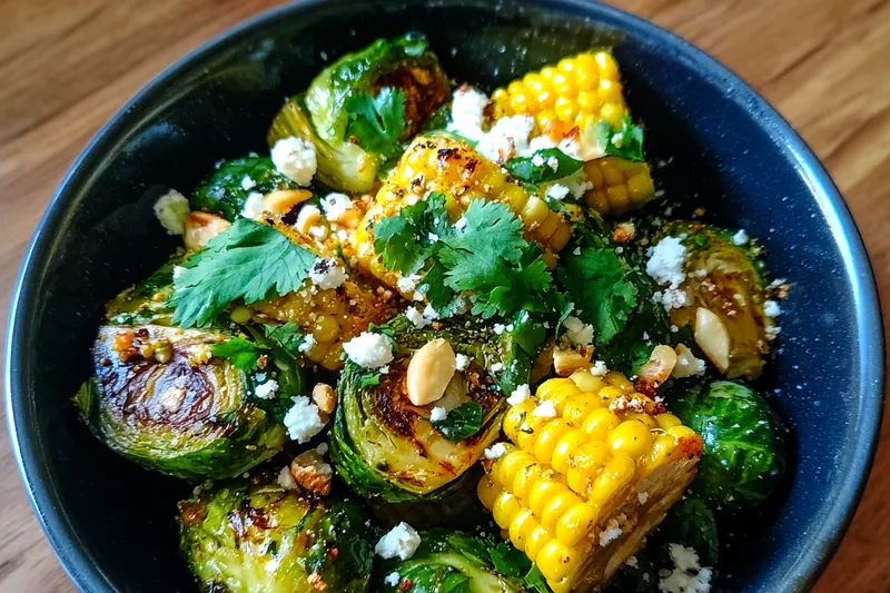 Cooking process for Grilled Corn Brussels Medley