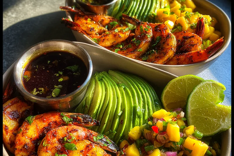Fresh ingredients for Grilled Shrimp Mango Bowls