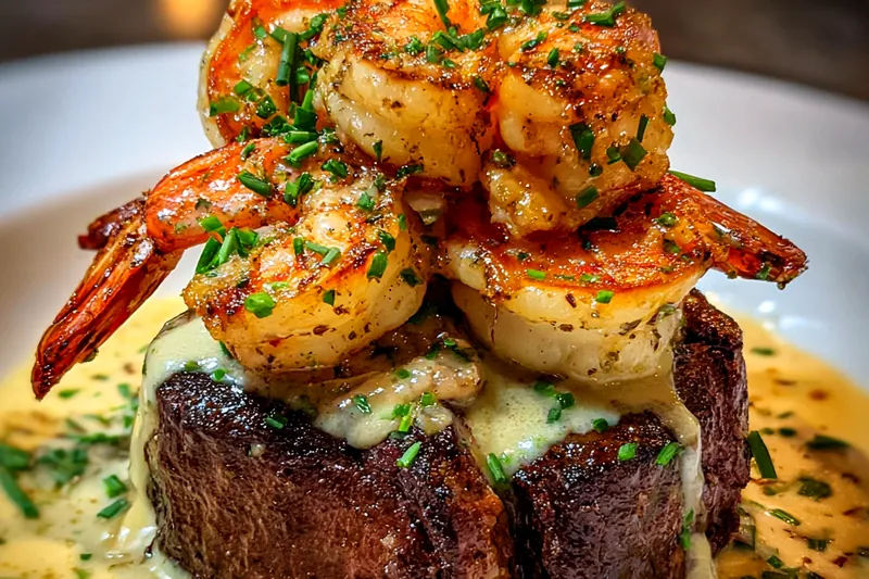 Fresh ingredients for Steak with Shrimp Cream Sauce
