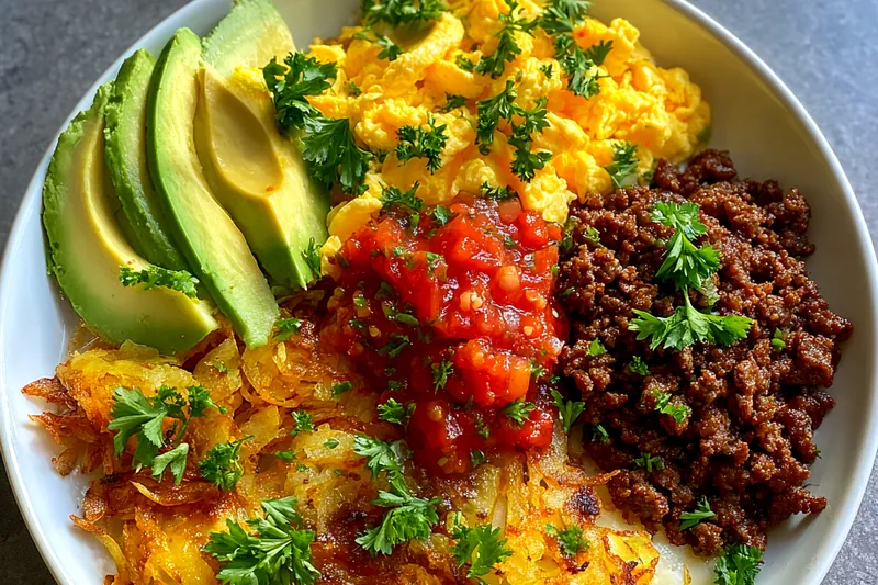 A step-by-step process of cooking the Hearty Hash Brown Breakfast Bowl, showing crispy hash browns and fluffy scrambled eggs.