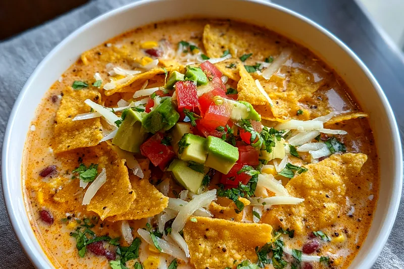 Chef stirring a pot of simmering Hearty Vegetarian Tortilla Soup on the stove.