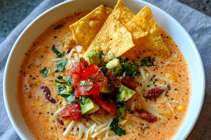 An assortment of fresh ingredients for Hearty Vegetarian Tortilla Soup displayed on a wooden cutting board.