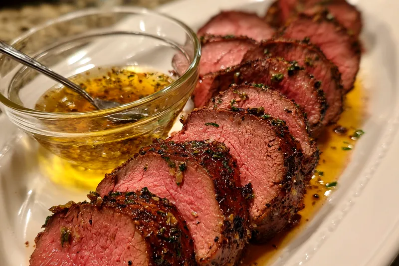 Herb-crusted beef tenderloin being seared in a cast iron skillet before roasting, showing the golden-brown crust formation