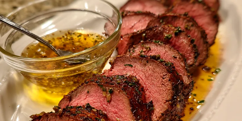 Herb-Crusted Beef Tenderloin with Garlic Butter Sauce