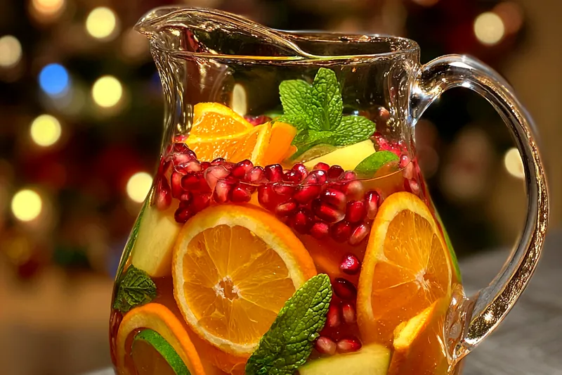 Process photo showing the mixing of ingredients for Holiday Non-Alcoholic Sangria.