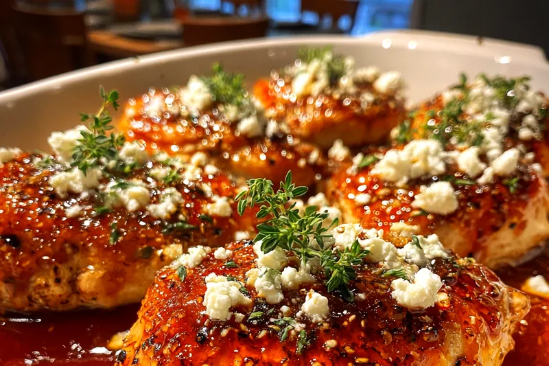 Step-by-step cooking process of Sweet and Spicy Feta Chicken in a skillet.