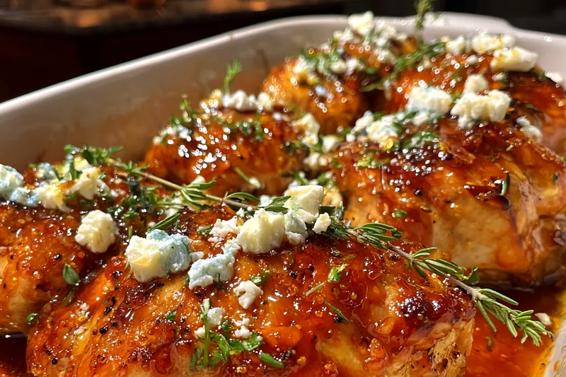 A colorful array of ingredients including chicken, feta cheese, honey, and spices for Sweet and Spicy Feta Chicken.