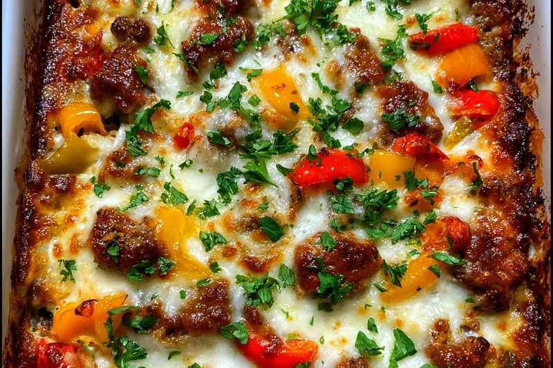 The cooking process showing sausages and peppers sizzling in a skillet, creating a flavorful base for the bake.