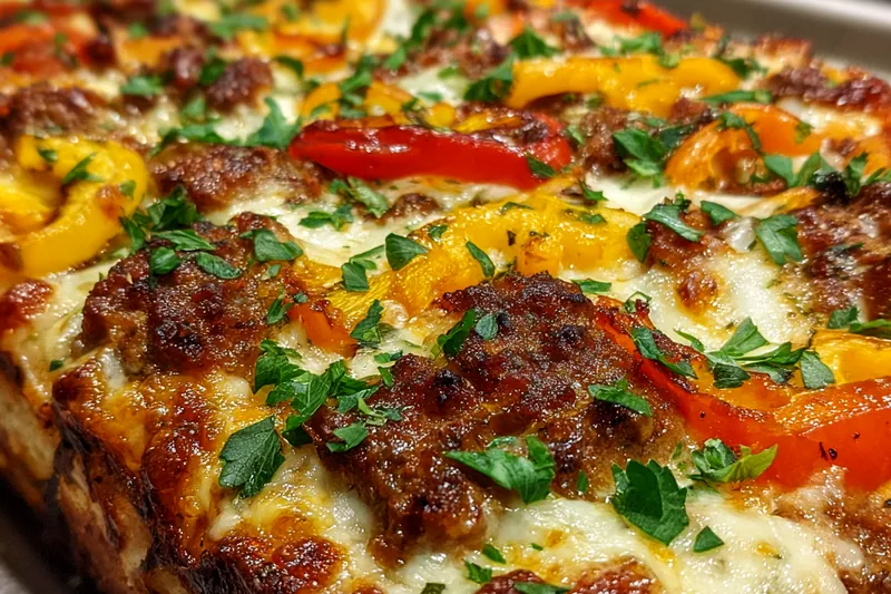 An array of fresh ingredients for Sausage & Pepper Bake, including colorful peppers, sausage links, and herbs.
