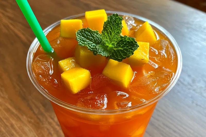 Chef mixing and pouring the mango iced tea mixture into a pitcher, surrounded by fresh ingredients.
