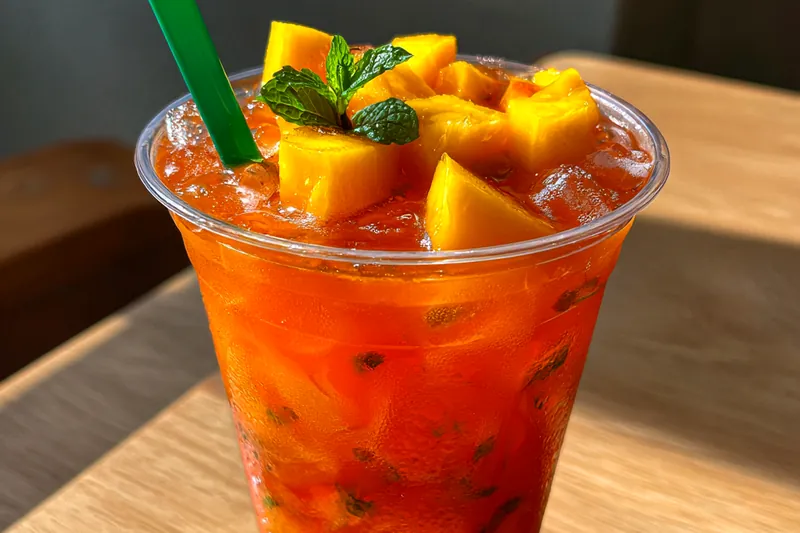 Ingredients for Refreshing Mango Iced Tea laid out on a countertop including mangoes, tea bags, and lime.
