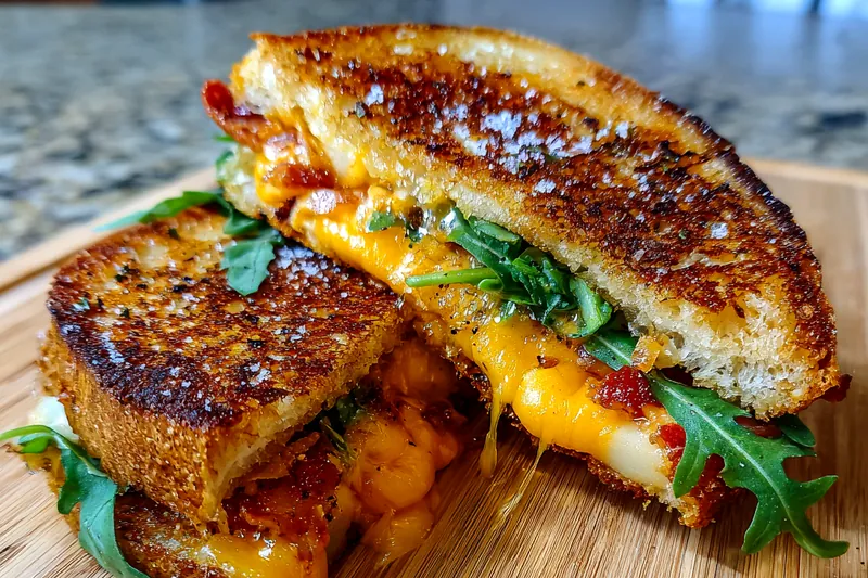 Chef Mitchell grilling the Maple Bacon Apple Grilled Cheese sandwich in a skillet, achieving perfect golden crust.