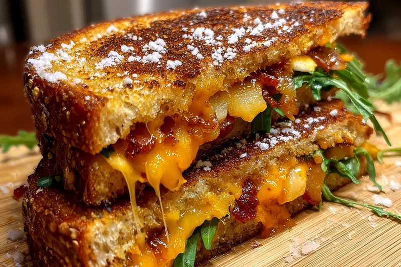 An arranged display of ingredients for Maple Bacon Apple Grilled Cheese: bread, cheese, bacon, apples, and maple syrup.