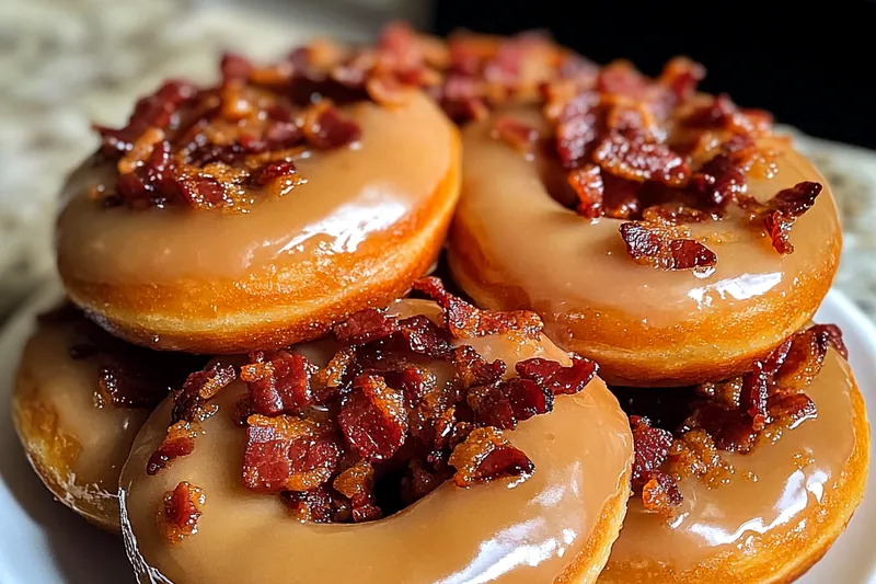 Ingredients for Decadent Maple Bacon Donuts laid out on a kitchen counter.