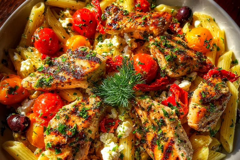 Cooking process for Mediterranean Grilled Chicken Pasta