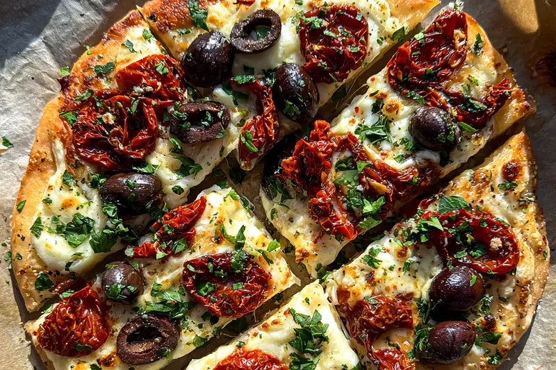 Fresh ingredients for Mediterranean Olive Flatbread
