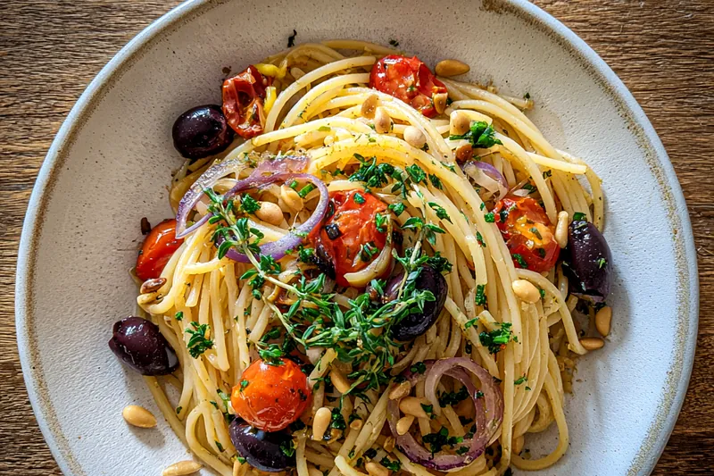 Chef stirring Mediterranean One Pot Dish in a large pot, showcasing vibrant ingredients and rich colors.