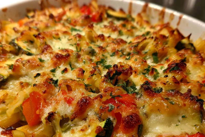 The cooking process showcasing the Mediterranean Vegetable Pasta Bake being assembled and ready for the oven.