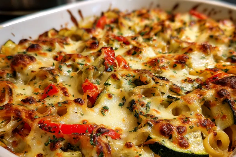 A vibrant display of fresh vegetables and pasta ingredients for Mediterranean Vegetable Pasta Bake.